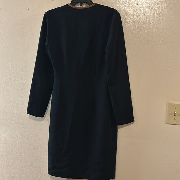 Vintage Chetta B Peter Novello Sherrie Brown Leather Trim Navy Wrap Dress SZ 8